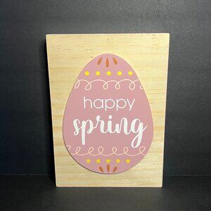 Wooden Happy Spring Pink & Tan Easter Egg-Shaped Decorative Sign Plaque 7 x 5"